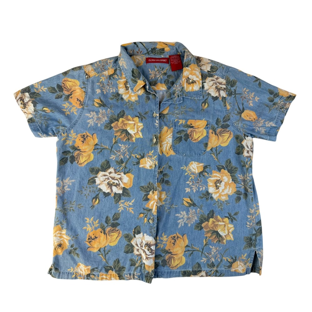 Cottagecore Floral Button Down Cotton Denim Rose Print‎ XL Gloria Vanderbilt